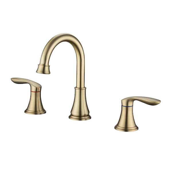 Lukvuzo 8 in. Widespread Double Handled High Arc Bathroom Faucet with Drain Assembly in Brushed Gold
