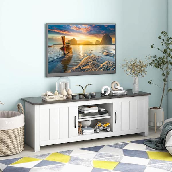 57 in. Black TV Stand for TVs up to 65 in. with 2-Cabinets and Open Shelves,Cable Management Holes