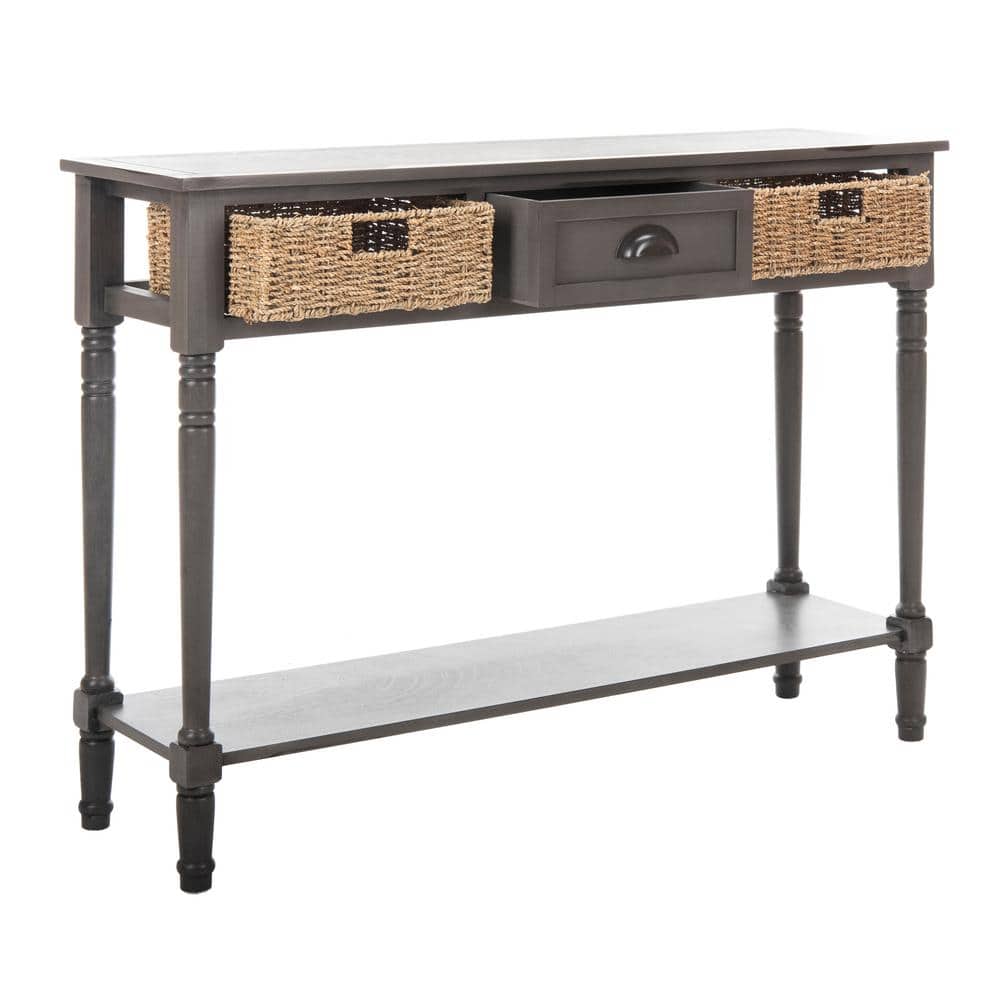 Gray Transitional Wood Console Table with Wicker Storage