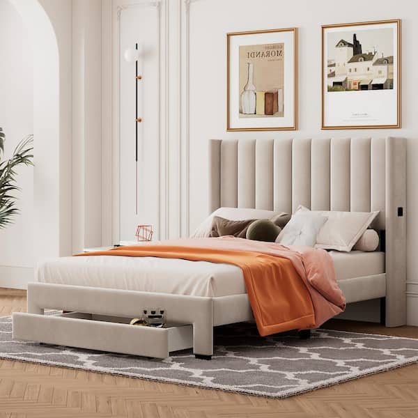 Harper & Bright Designs Beige Wood Frame Velvet Upholstered Full Size Platform Bed with a Big Drawer and 2-Small Pockets