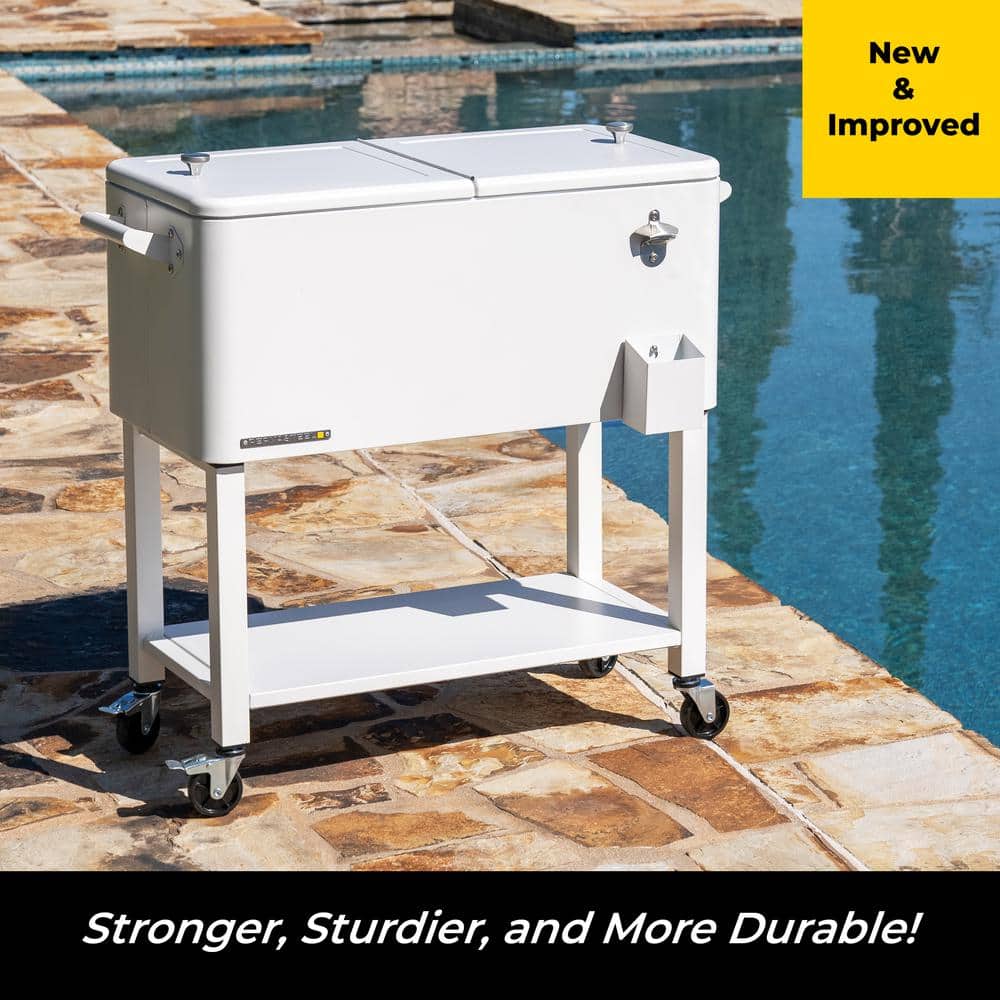White Powder-Coated Steel 80-Quart Rolling Outdoor Patio Cooler with Wheels