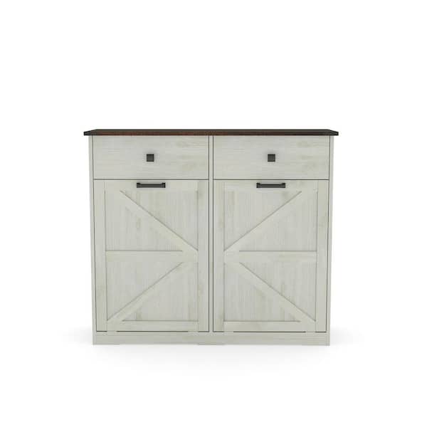 Farmhouse Double Tilt Out Trash Cabinet for 20 Gal. Trash Cans, Free Standing Recycling Cabinet in Antique White
