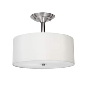 13 in. 2-Light Brushed Nickel Semi-Flush Mount Light with Fabric Drum Shade