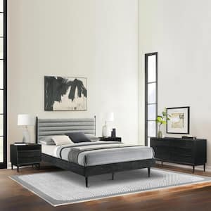 Artemio 4-Piece Black Wood Queen Bedroom Set with Upholstered Headboard