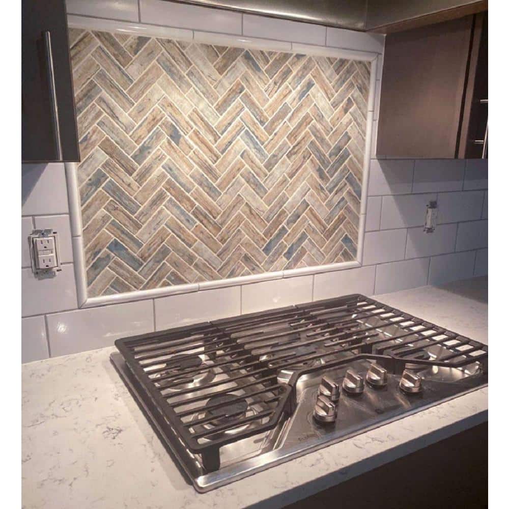 Beige and Blue Recycled Glass Herringbone Mosaic Tile
