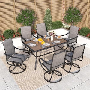Black 7-Piece Metal Outdoor Patio Dining Set with Wood-Look Umbrella Table and Padded Textilene Swivel Chairs