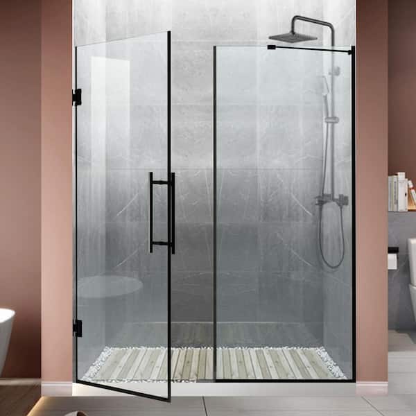 Unbranded 58 in. to 58 5/16 in. W. x 71 in. Frameless Hinged Shower Door in Matte Black with Clear Glass
