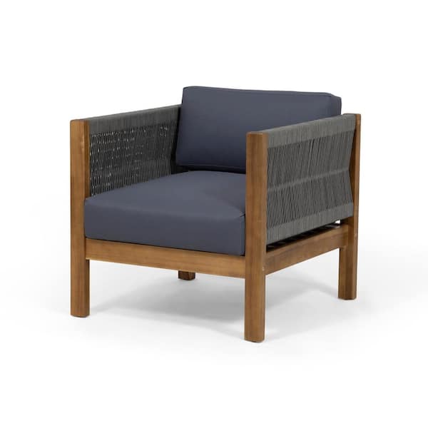 1-Piece Teak Acacia Wood Outdoor Chaise Lounge with Dark Blue Cushions for Garden, Porch, Balcony