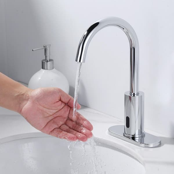 DC Powered Commercial Sensor Touchless Single Hole High-Arc Bathroom Faucet with Deck Plate in Polished Chrome