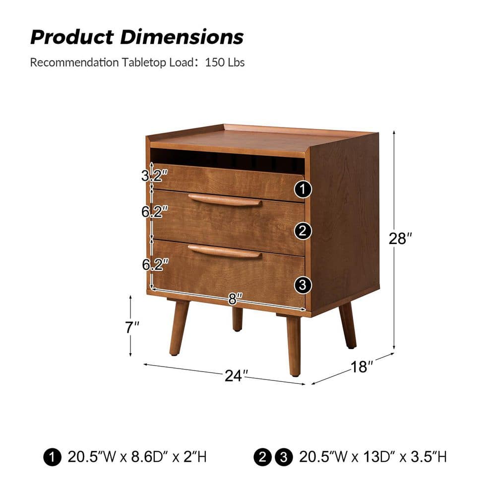 Kate Walnut Mid-century Style 3-Drawer 24 in. W Nightstand with Solid Wood Legs Set of 2 - thumbnail 8