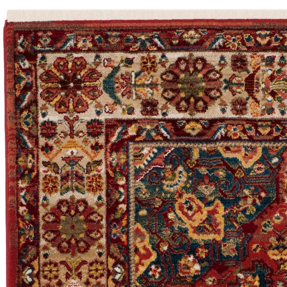 Red and Ivory Floral Synthetic Rectangular Area Rug