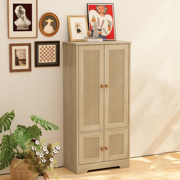 22.83 in. Functional Rattan 4 Doors Rope Woven Storage Dresser Accent  Cabinet for Bedroom Living Dining Room Hallway