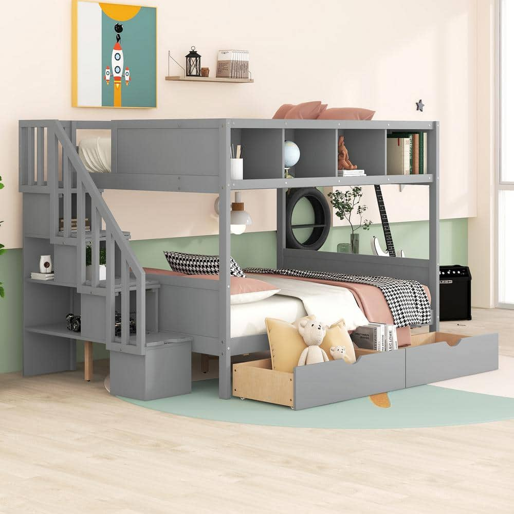 Harper & Bright Designs Gray Twin Over Full Wooden Bunk Bed with ...