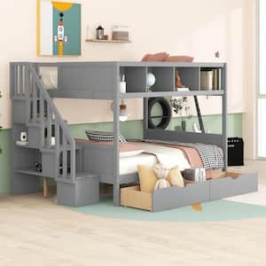Gray Twin Over Full Wooden Bunk Bed with Shelves, Storage Staircase and 2-Drawers