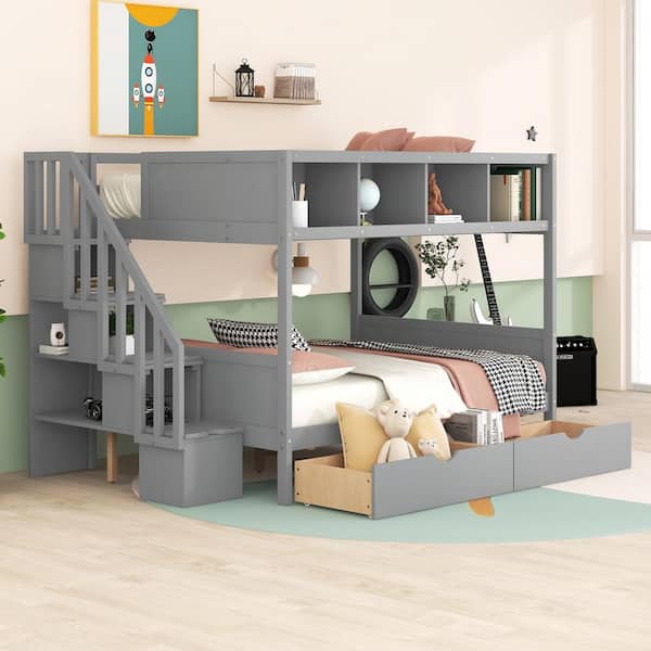 Harper & Bright Designs Gray Twin Over Full Wooden Bunk Bed with Shelves, Storage Staircase and 2-Drawers