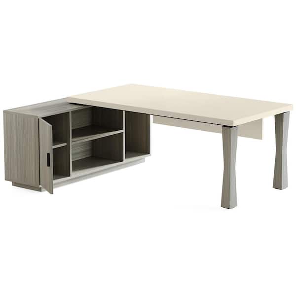 Perry 71 in. L-Shaped Gray Wood Executive Desk with Storage, Shelves, and Doors