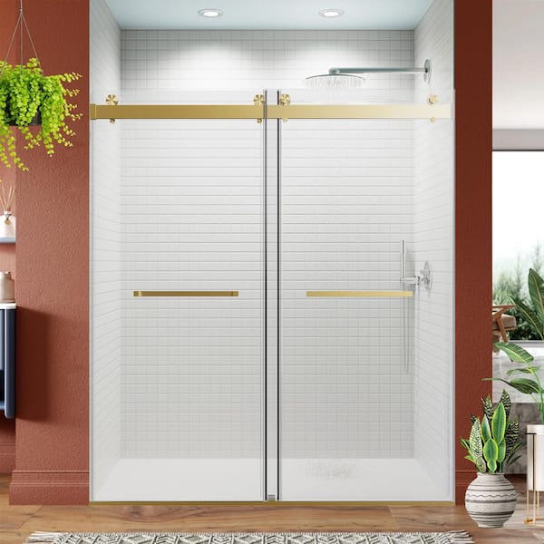 68-72 in. W x 76 in. H Double Sliding Frameless Soft Close Shower Door in Brushed Gold with 3/8 in. Tempered Glass