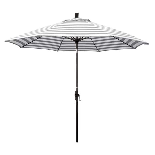 California Umbrella 9 ft. Fiberglass Market Collar Tilt Bronze Patio Umbrella in Gray White Cabana Stripe Olefin