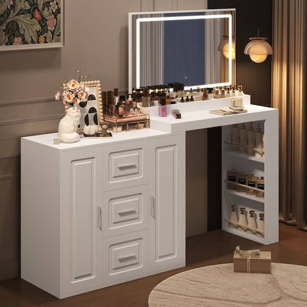 Harper & Bright Designs 59 in. Luxe White Makeup Vanity Desk with LED Mirror, 3 Drawers, 2 Cabinets and Adjustable Shelf