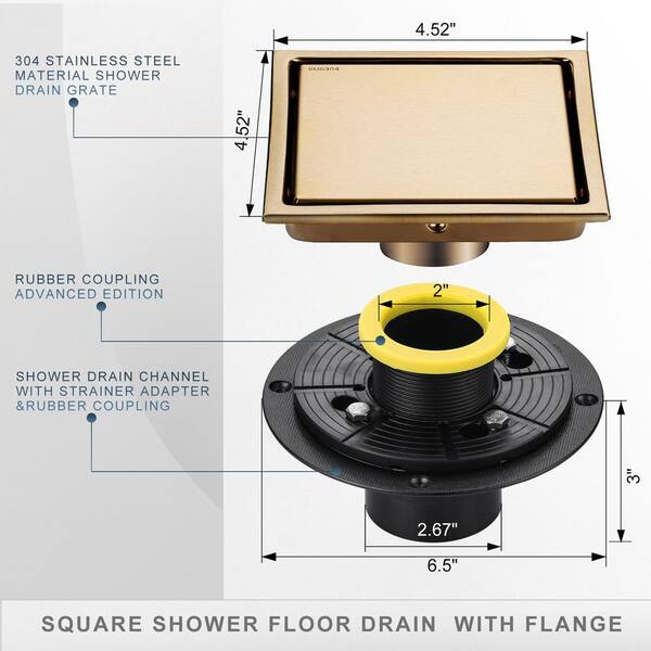 WOWOW Square Shower Drain 6 inch Brushed Nickel Floor Drain with Tile Insert Grate 304 Stainless Steel with Hair Strainer