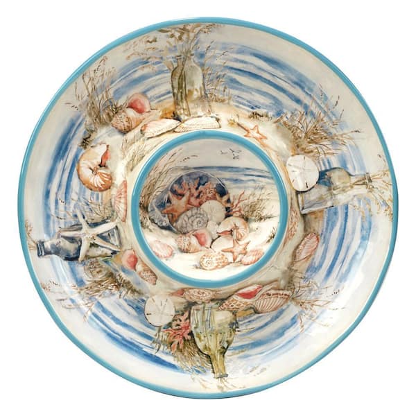 Coastal Landscape 13.5 in. Assorted Colors Earthenware Round Chip and Dip Server