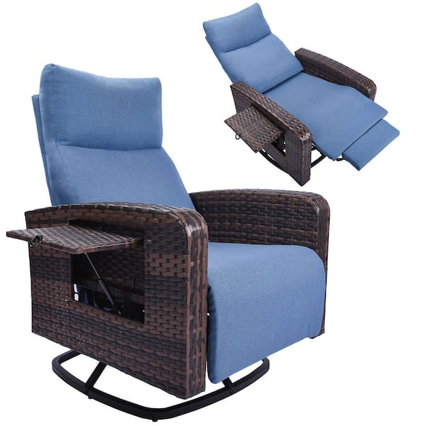 Brown Wicker Swivel and Reclining Outdoor Chaise Lounge Chair with Blue Cushions