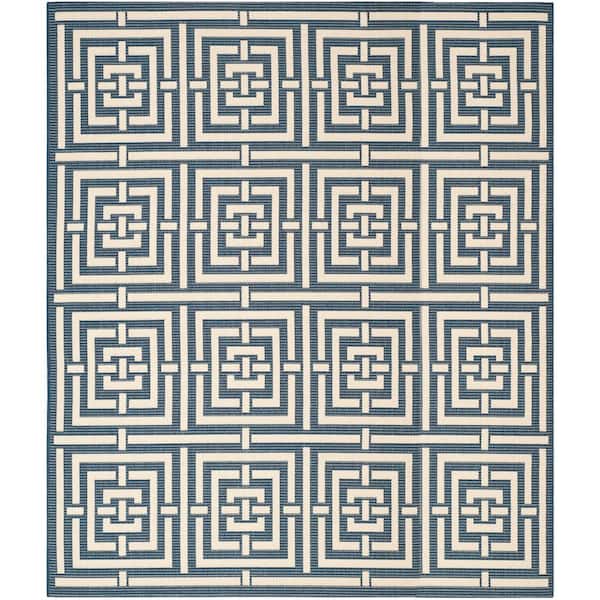Courtyard Navy/Beige 9 ft. x 12 ft. Geometric Indoor/Outdoor Patio  Area Rug