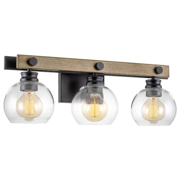 Kira Home Sebastian 23 in. 3-Light Smoked Birch Wood Style/Black Farmhouse Vanity Light with Clear Globe Shades, No Bulb Included