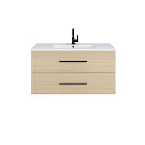 Napa 36 W x 18 D x 21.3 H Single Sink Bathroom Vanity Wall Mounted In Sand Pine with White Ceramic Integrated Countertop