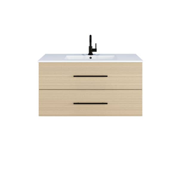 VOLPA USA AMERICAN CRAFTED VANITIES Napa 36 W x 18 D x 21.3 H Single Sink Bathroom Vanity Wall Mounted In Sand Pine with White Ceramic Integrated Countertop
