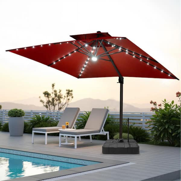 11.5 ft. Square Solar LED Lighted Double Top Cantilever 360° Rotation Patio Umbrella in Red with 300 lbs. Wheeled Base