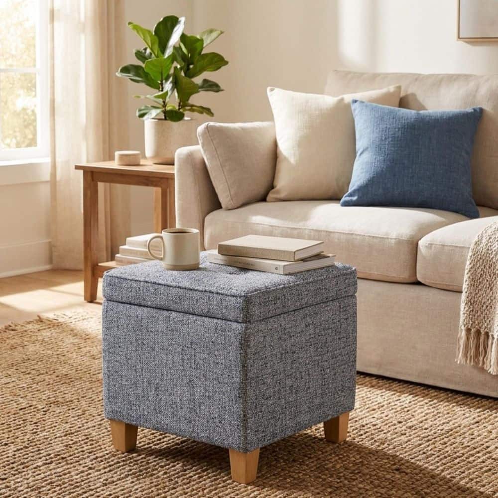 Blue Gray Woven Fabric Tufted Square Storage Ottoman