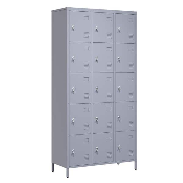 5-Tier 72 in. H Metal Heavy-Duty Storage Cabinet Locker in Gray with 15-Door and Key