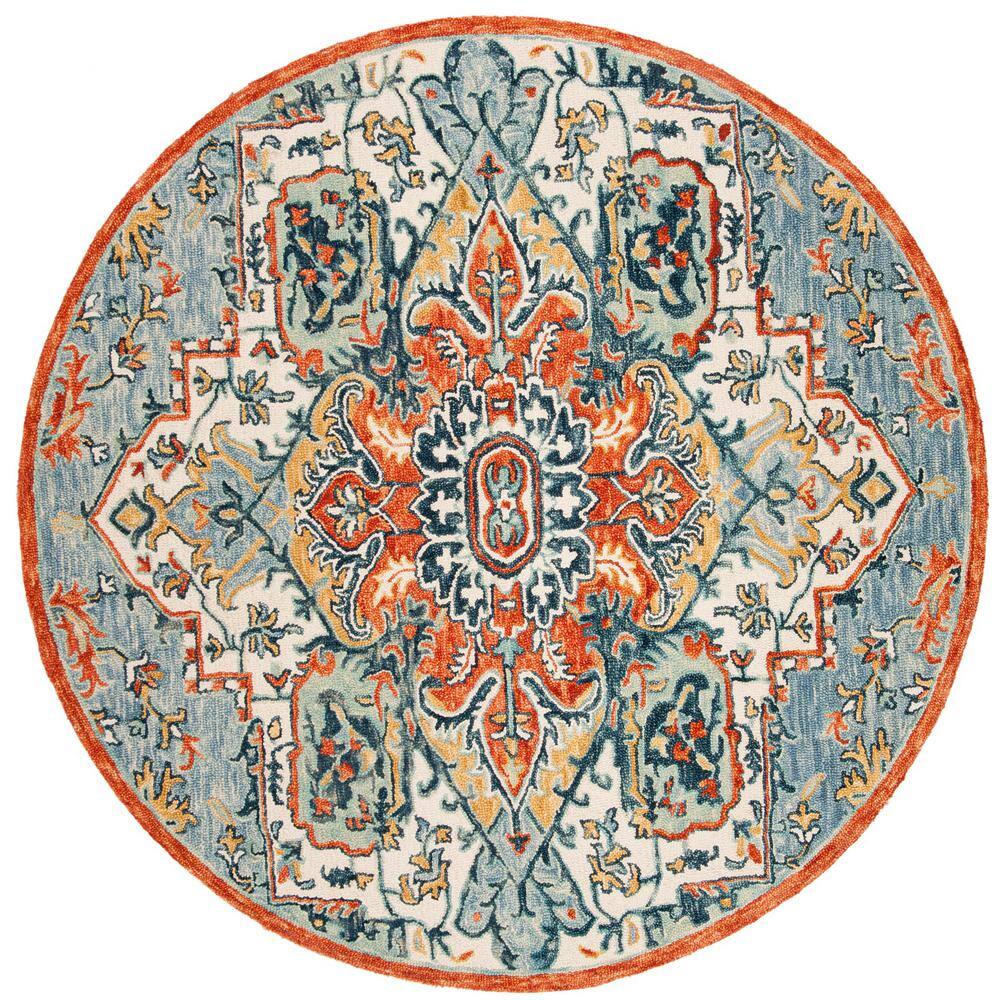 Blue and Rust Round Tufted Wool Floral Rug