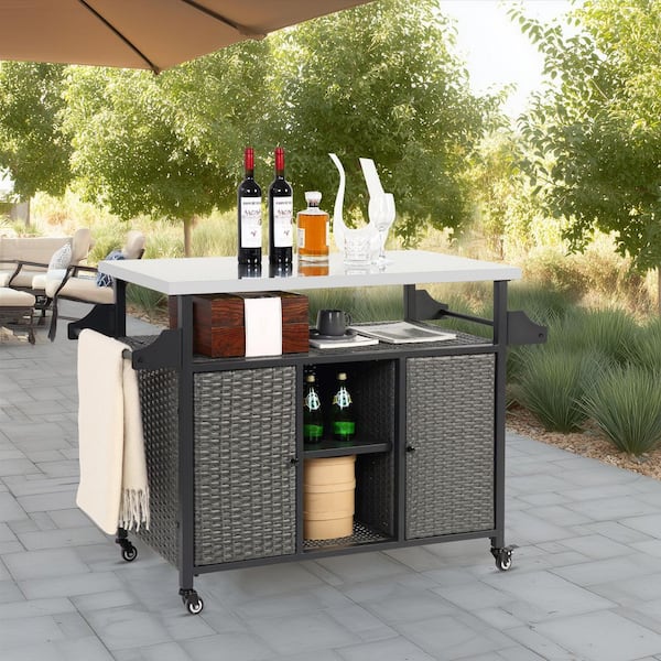 Outdoor Kitchen Wicker Portable Bar Table Rolling Serving Cart with Storage Cabinet in Gray