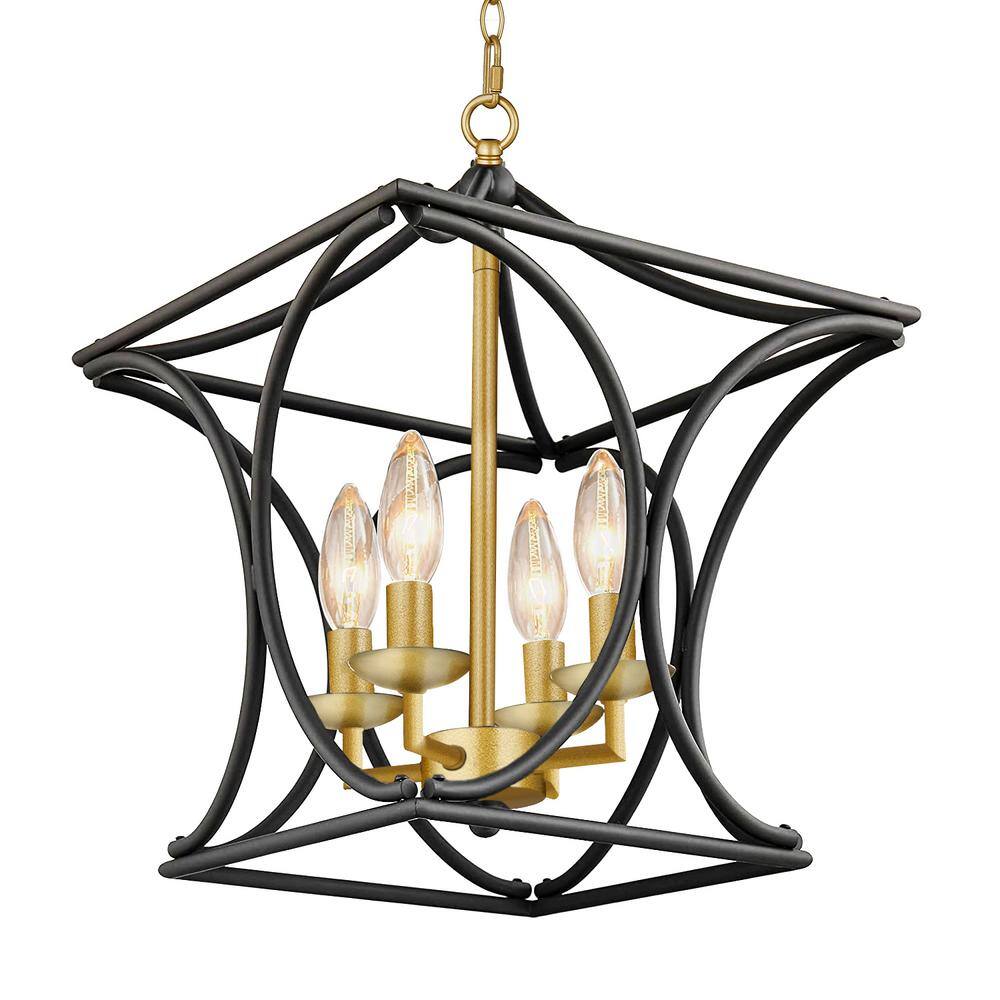 FestaLed 4Light Lantern Gold Chandeliers, Geometric Cage Hanging Pendant Lighting for Farmhouse