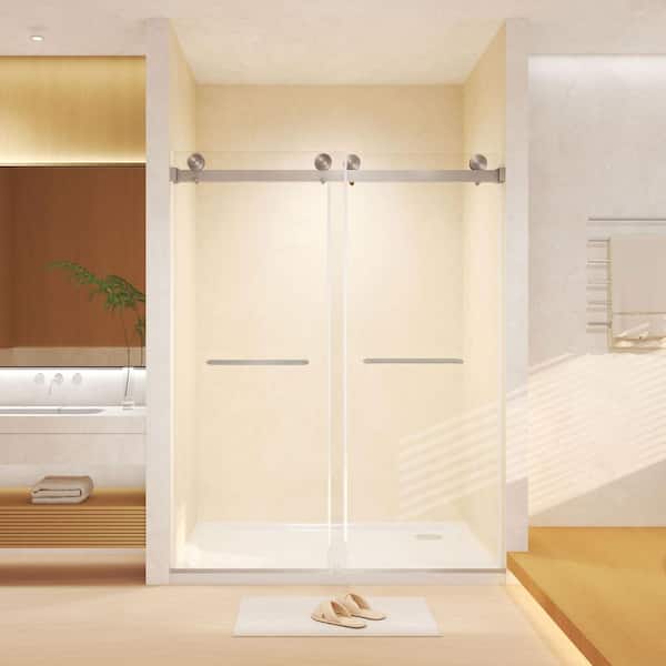 56 in.-60 in. W x 74 in. H Double Sliding Frameless Shower Door in Brushed Nickel w/ 5/16 in. (8mm) Clear Tempered Glass