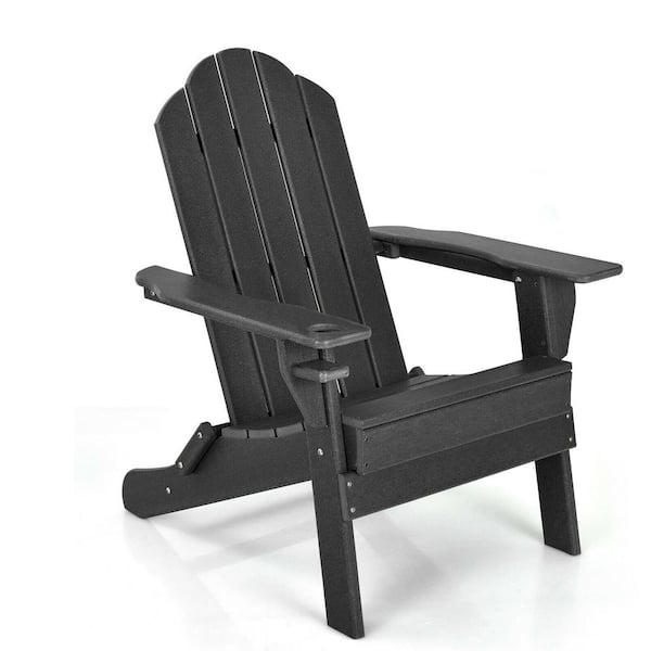 ANGELES HOME (1-Pack)-Black PE Folding Plastic Adirondack Chair with Built-In Cup Holder