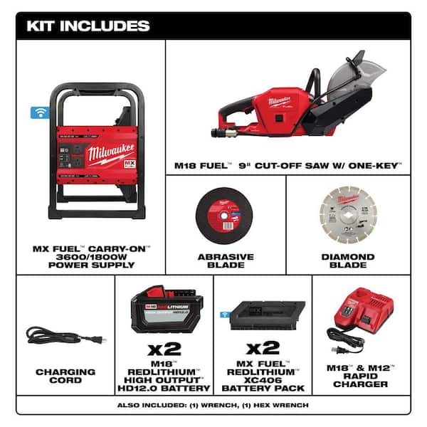 MX FUEL 3600-Watt/1800-Watt Battery Powered Push Start Generator with M18 FUEL ONE-KEY 9 in. Cut Off Saw Kit