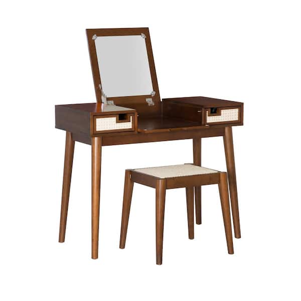 Linon Home Decor Cade 2-Piece Walnut Brown Cane Makeup Vanity Set with drawers and flip top