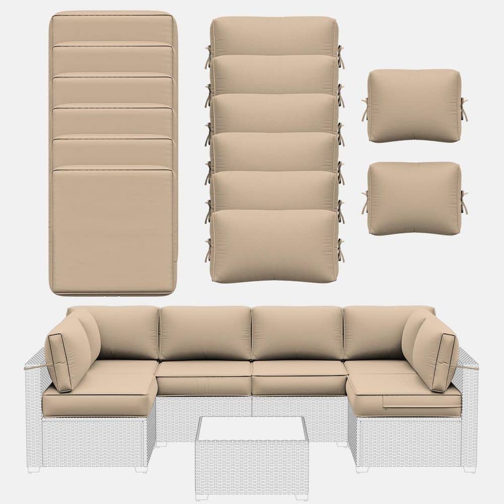 14-Piece 5 in. Outdoor Patio Cushions Water-Resistant Replacement Cushions for 6-Seat Rattan Sectional Sofa Sand