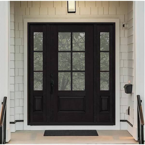 Regency 64 in. x 80 in. 3/4-6 Lite Clear Glass RH Onyx Stain Mahogany Fiberglass Prehung Front Door w/Dbl 12in.SL