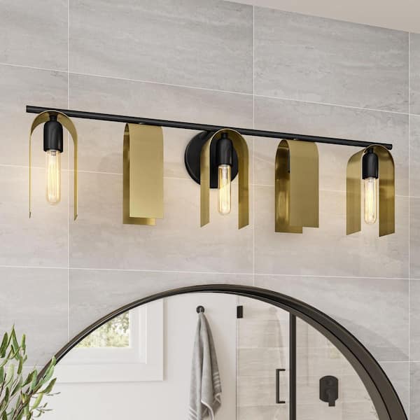 U Turn 31.5 in. 5-Light Matte Black Glam Vanity Light with Brushed Gold Metal Shades