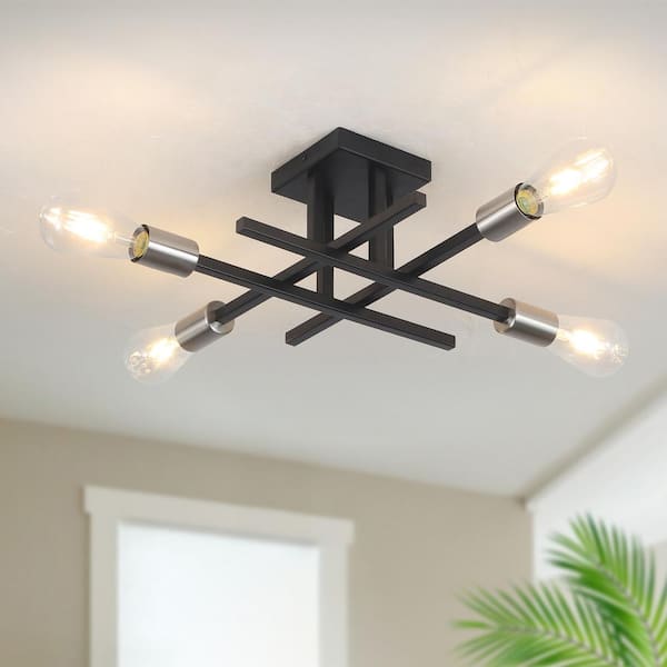 18.11 in. 4-Light Black/Nickel Dimmable Sputnik Linear Semi Flush Mount Chandelier for Living Room Kitchen Island Dining
