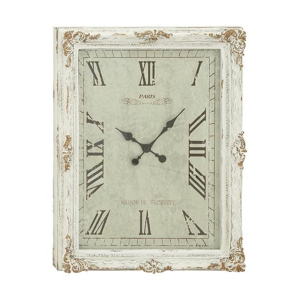 Litton Lane 27 in. x 36 in. White Wooden Carved Acanthus Floral Wall Clock with Distressing