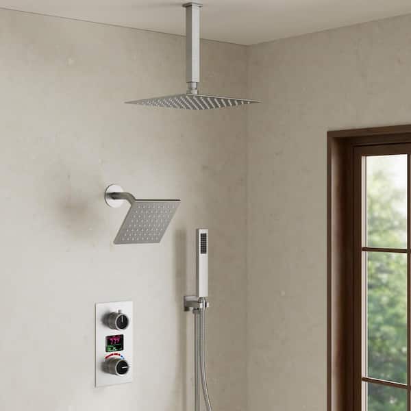 YAWWALK Single Handles 3-Spray Ceiling Mount 12 and 6 in. Shower Head Shower Faucet with Anti Scald in. Brushed Nickel