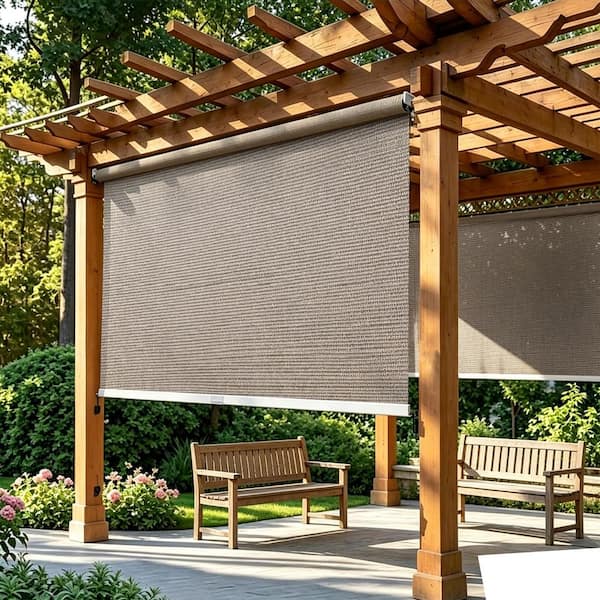 Cordless Spring Roller Shade Brown PE UV Blocking Sun Screen Blinds for Bedroom Office Home Doors 48 in. x 72 in.