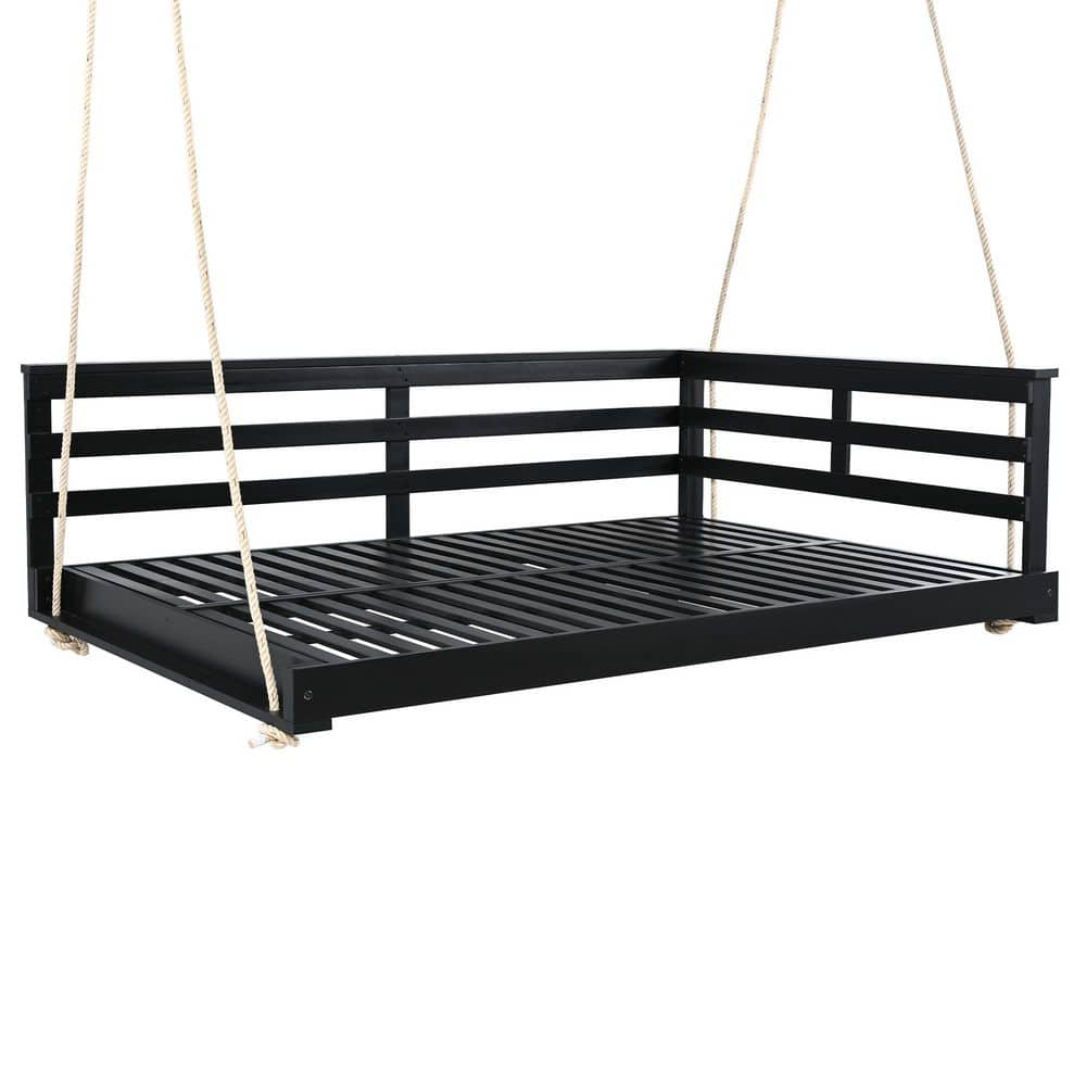 Black Wood Porch Swing with Hemp Ropes for Patio