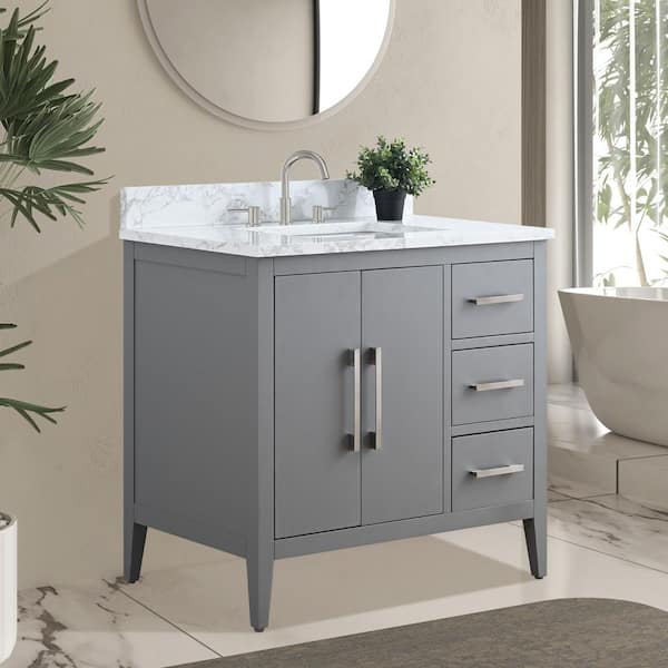 36 in. W x 22 in. D x 38 in. H Single Sink Bathroom Vanity Cabinet in Cashmere Gray with Engineered Marble Top in White