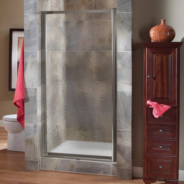 CRAFT + MAIN Tides 23 in. to 25 in. x 65 in. Framed Pivot Shower Door in Brushed Nickel with Obscure Glass with Handle